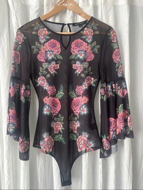 Jealous Tomato Black Sheer Mesh Bodysuit with Pink Floral Embroidery